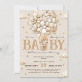Invitation Teddy Bear Hot Air Balloon Baby shower Or Tan (Devant)