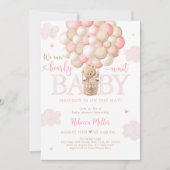 Invitation Teddy Bear Hot Air Balloon rose Baby shower fille (Devant)