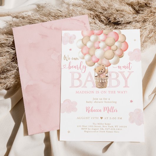 Invitation Teddy Bear Hot Air Balloon rose Baby shower fille
