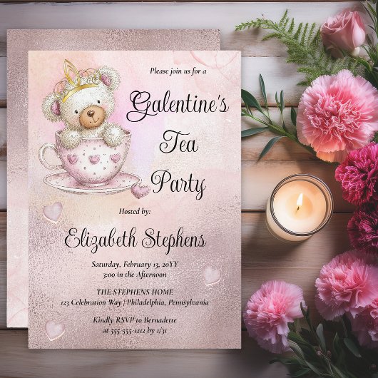 Invitation Teddy Bear in a Teacup Galantine's Tea Party