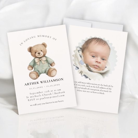 Invitation Teddy Bear "In Loving Memory" Child Memorial Card