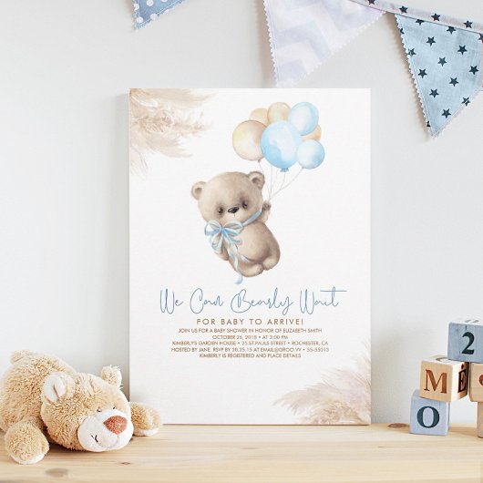 Invitation Teddy Bear Light Brown et Blue Boy Baby shower
