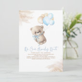 Invitation Teddy Bear Light Brown et Blue Boy Baby shower (Debout devant)