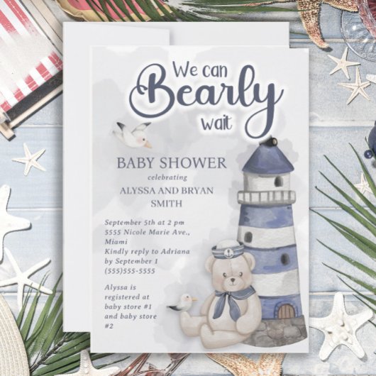 Invitation Teddy Bear Lighthouse Bearly Wait Baby Boy Shoy