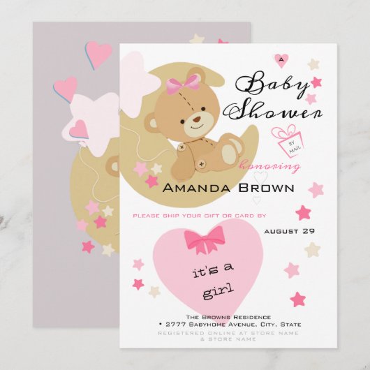 Invitation Teddy Bear Love Baby Girl Douche (Devant / Derrière)