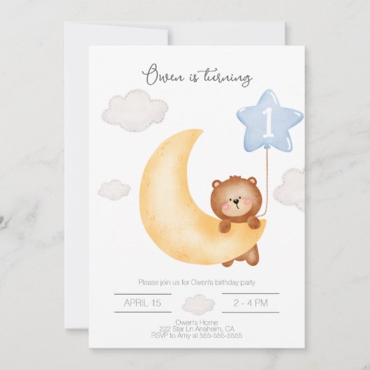 Invitation Teddy Bear Lune et Stars bleu ballon Anniversaire (Devant)