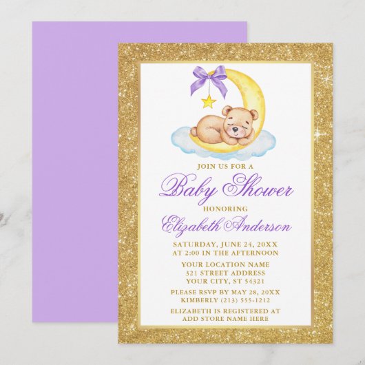 Invitation Teddy Bear Lune Gold Parties scintillant Baby show (Devant / Derrière)