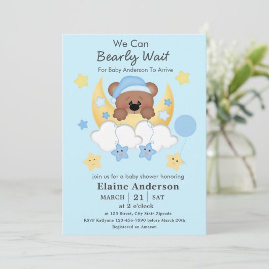 Invitation Teddy Bear Lune Nuages Stars Baby Boy Douche (Debout devant)