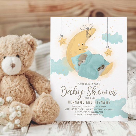 Invitation Teddy Bear Lune Stars Baby shower garçon