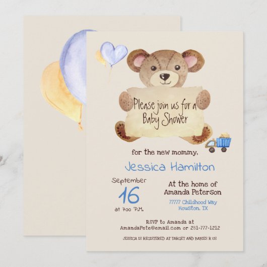 Invitation Teddy Bear mignonne adorable Baby Boy Baby shower (Devant / Derrière)