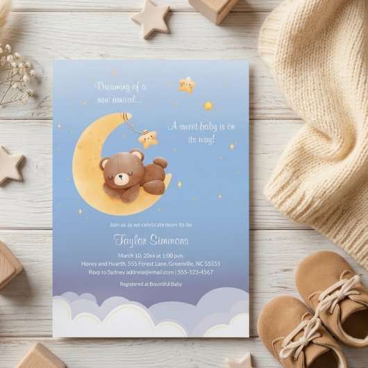 Invitation Teddy Bear Moon Dreamy Soft Blue Baby Shower