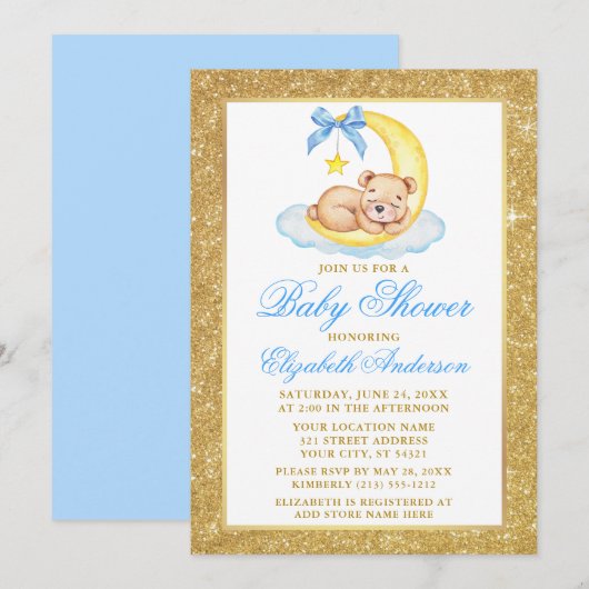 Invitation Teddy Bear Moon Gold Parties scintillant Baby show (Devant / Derrière)
