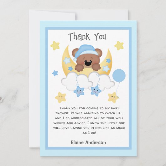 Invitation Teddy Bear Moon Stars Baby Boy Shower Merci (Devant)