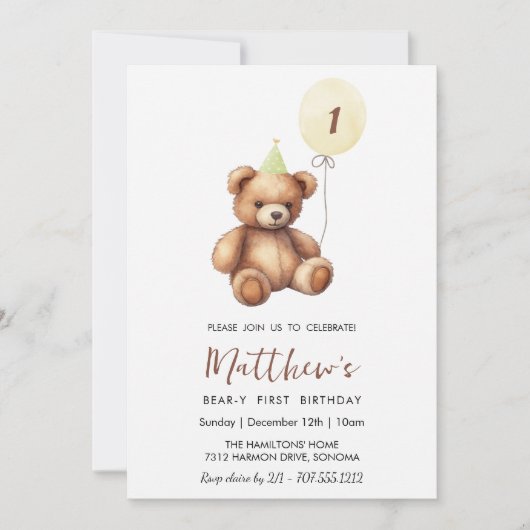 Invitation Teddy Bear N'IMPORTE QUEL ÂGE (Devant)