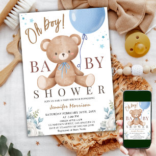 Invitation Teddy Bear Oh Boy Baby shower Bleu Balloon