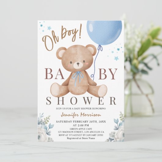 Invitation Teddy Bear Oh Boy Baby shower Bleu Balloon (Debout devant)