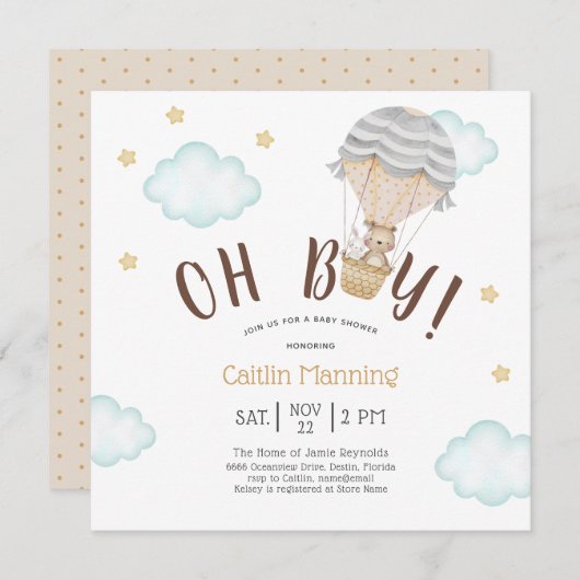Invitation Teddy Bear Oh Boy Woodland Baby shower (Devant / Derrière)