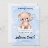 Invitation Teddy Bear on Cloud Watercolor Blue Baby Shower (Devant)