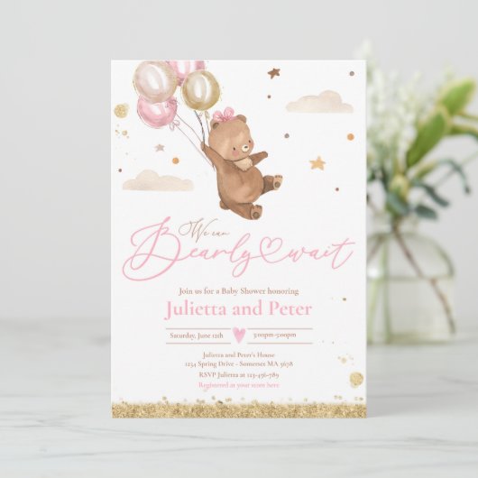 Invitation Teddy Bear On Peut Attendre Un Baby shower Garçon (Debout devant)