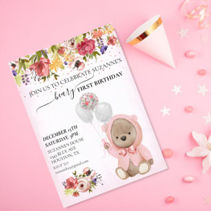 Invitation Teddy Bear One Premier Anniversaire Rose Girl