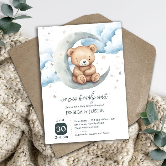 Invitation Teddy Bear Over the Moon Baby shower