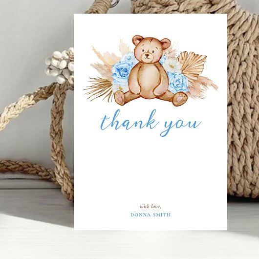 Invitation Teddy Bear Pampas Grass Baby Merci plat