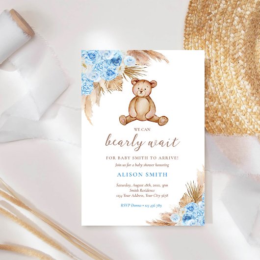 Invitation Teddy Bear Pampas Grass Bearly Wait Baby shower