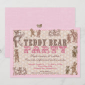 Invitation Teddy Bear Party Style Vintage - rose (Devant / Derrière)