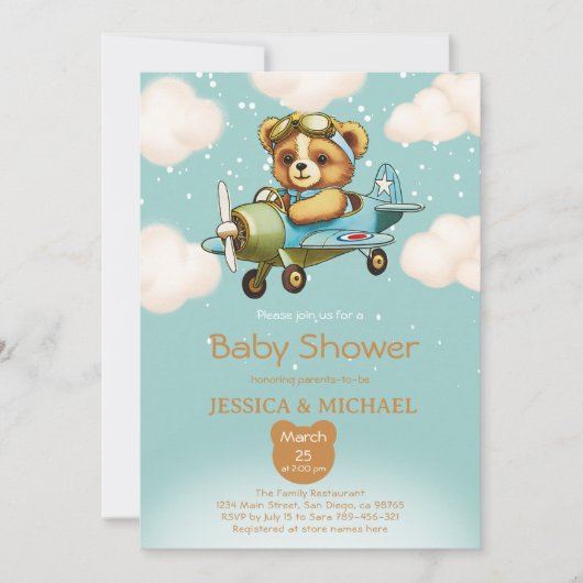 Invitation Teddy Bear Petit Baby shower d'avion pilote (Devant)
