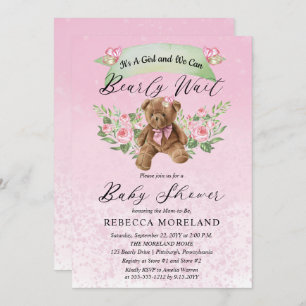 Invitation Teddy Bear peut attendre rose fille Baby shower I