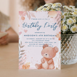 Invitation Teddy Bear Pink Anniversaire de enfant Party
