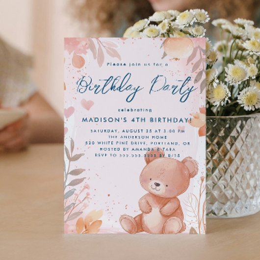 Invitation Teddy Bear Pink Anniversaire de enfant Party