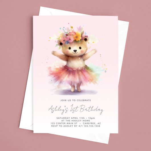Invitation Teddy Bear Pink Ballerina 1er anniversaire