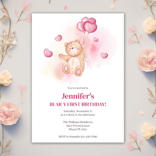 Invitation Teddy Bear Pink Balloons 1er anniversaire fête