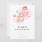 Invitation Teddy Bear Pink Balloons 1er anniversaire fête (Devant)