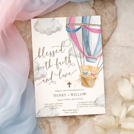 Invitation Teddy Bear Pink Blue Twins Christening