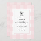 Invitation Teddy Bear Pink En vichy 1er anniversaire Invitati (Devant / Derrière)
