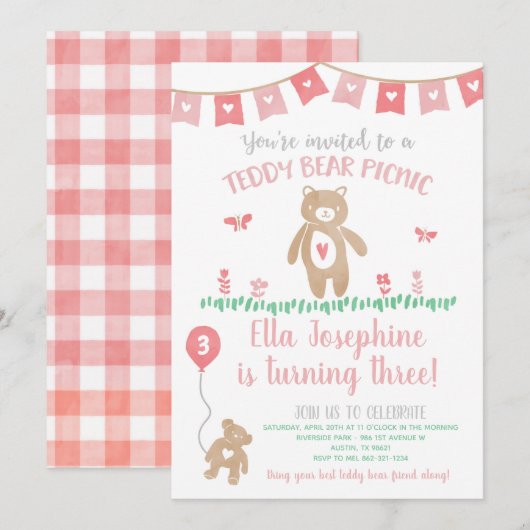 Invitation Teddy Bear Pique-nique Anniversaire Fête Invitatio (Devant / Derrière)