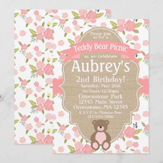 Invitation Teddy Bear Pique-nique Anniversaire Fête Invitatio (Devant / Derrière)