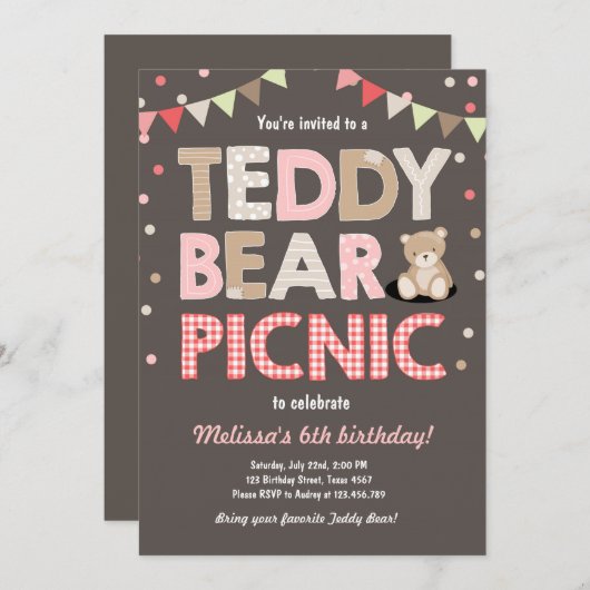 Invitation Teddy Bear Pique-nique Fille anniversaire Invitati (Devant / Derrière)