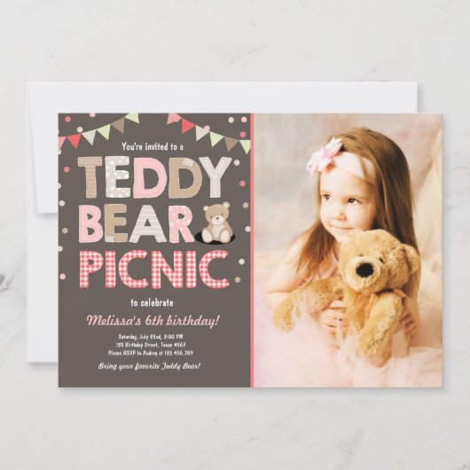 Invitation Teddy Bear Pique-nique Fille anniversaire Invitati (Devant)