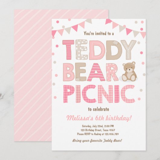 Invitation Teddy Bear Pique-nique Fille anniversaire Invitati (Devant / Derrière)