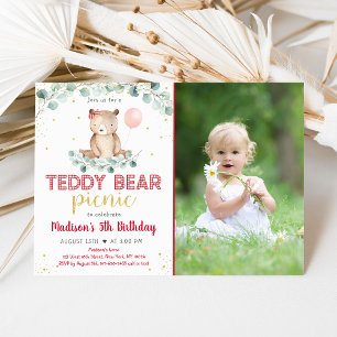 Invitation Teddy Bear Pique-nique Floral Anniversaire