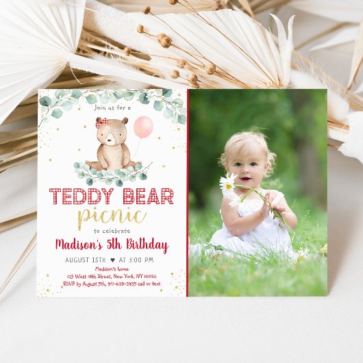 Invitation Teddy Bear Pique-nique Floral Anniversaire