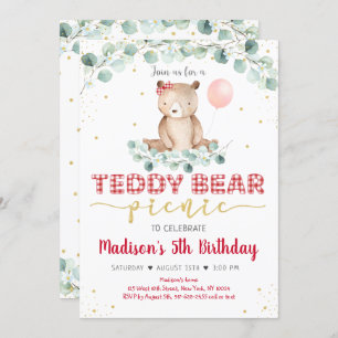 Invitation Teddy Bear Pique-nique Red Gold Green Anniversaire
