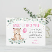 Invitation Teddy Bear Pique-nique rose floral Merci d'anniver (Debout devant)