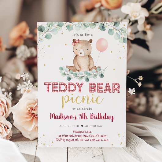 Invitation Teddy Bear Pique-nique Verdure Floral Anniversaire