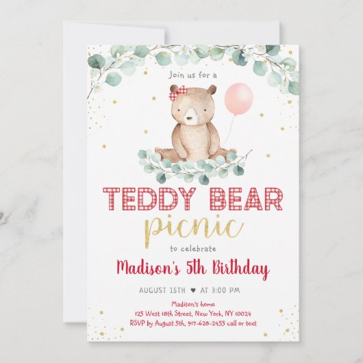 Invitation Teddy Bear Pique-nique Verdure Floral Anniversaire (Devant)