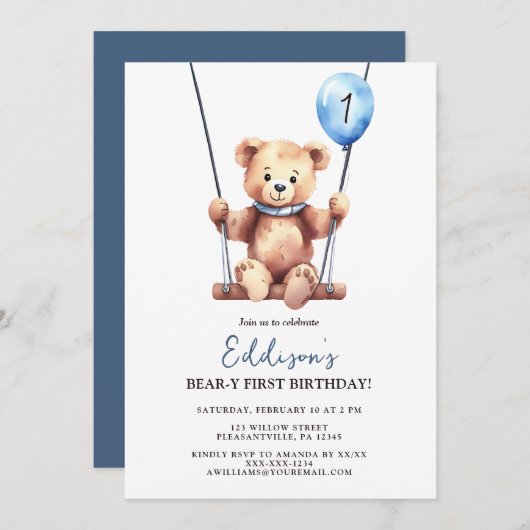 Invitation Teddy Bear Premier anniversaire (Devant / Derrière)