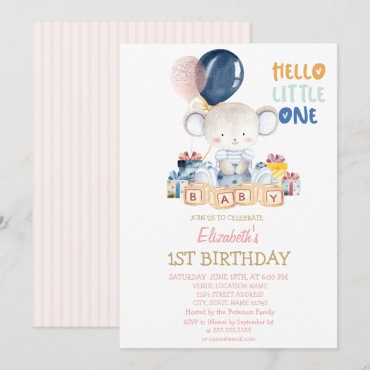 Invitation Teddy Bear, Présents Bonjour Petit Un Anniversaire (Devant / Derrière)